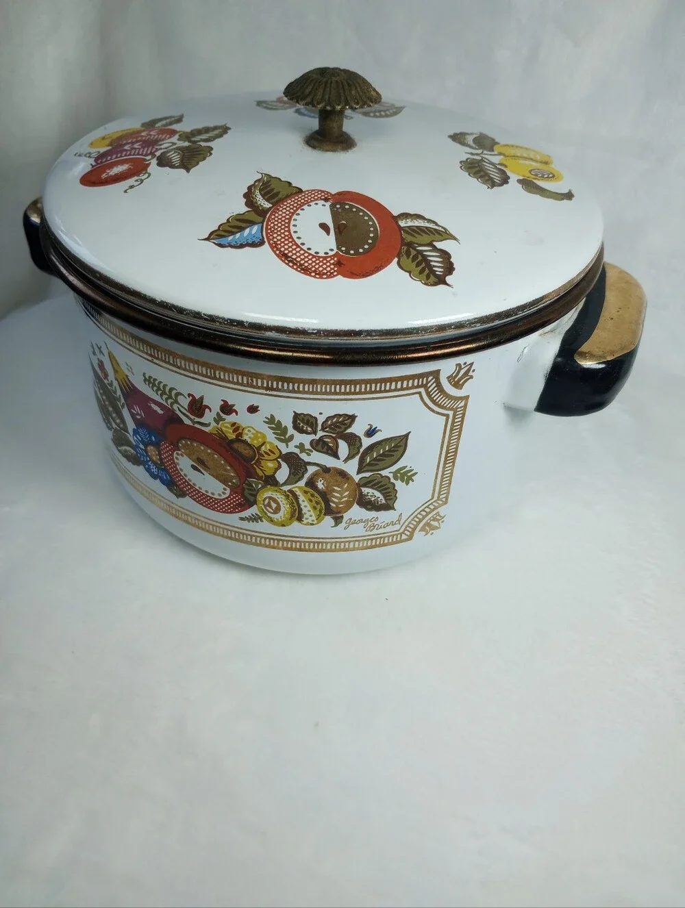 VTG George's Briard Cottage Granny Metal Enamel Coated Pan Fruit Pattern 2-6 Qt
